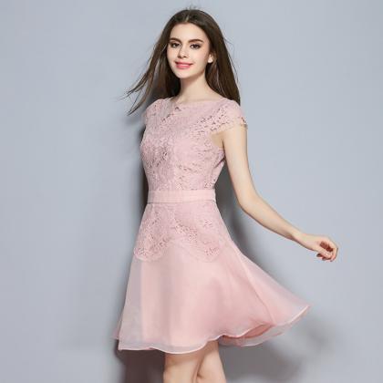 Pink Lace Mixed Organza Dress With Boatneck And..