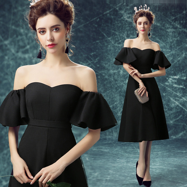 Classic Black Tea-length Dress With Ruffle Sleeves And Sweetheart Neckline