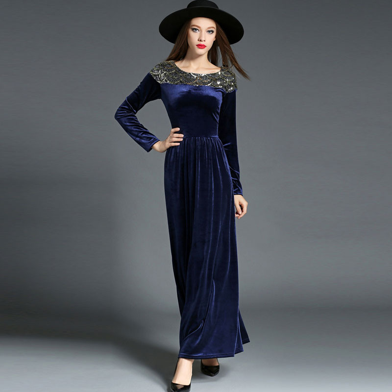 Navy Or Black Velvet Long Sleeve Dress Featuring Beaded Embellished ...