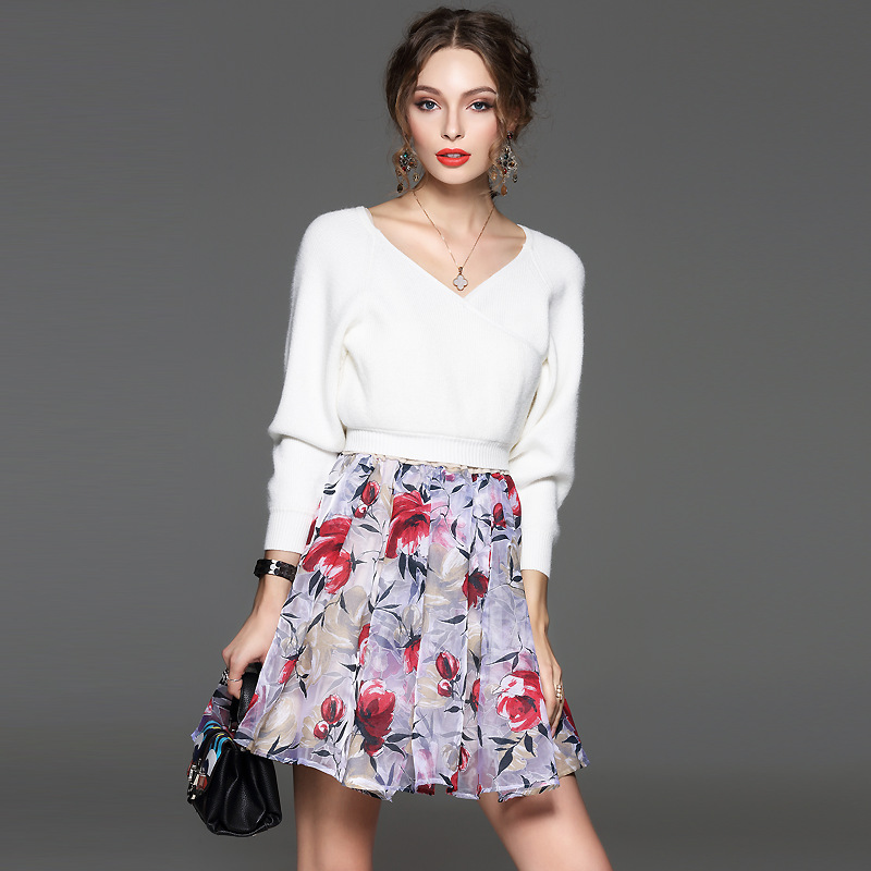 Autumn Solid Color V Neck Long Sleeve Knitted Printed Skirts Two Piece Sets Women Casual Formal Dress