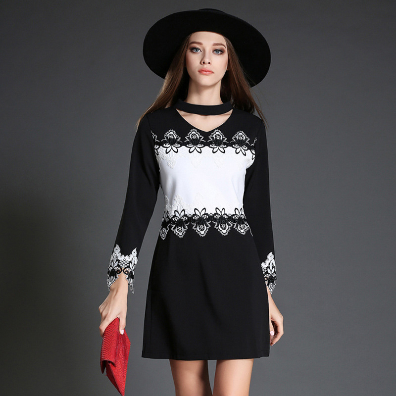 2016 Couture Autumn European And American Black And White Contrast Long Sleeves Lace Dress Plus Size Women's Clothing, Formal