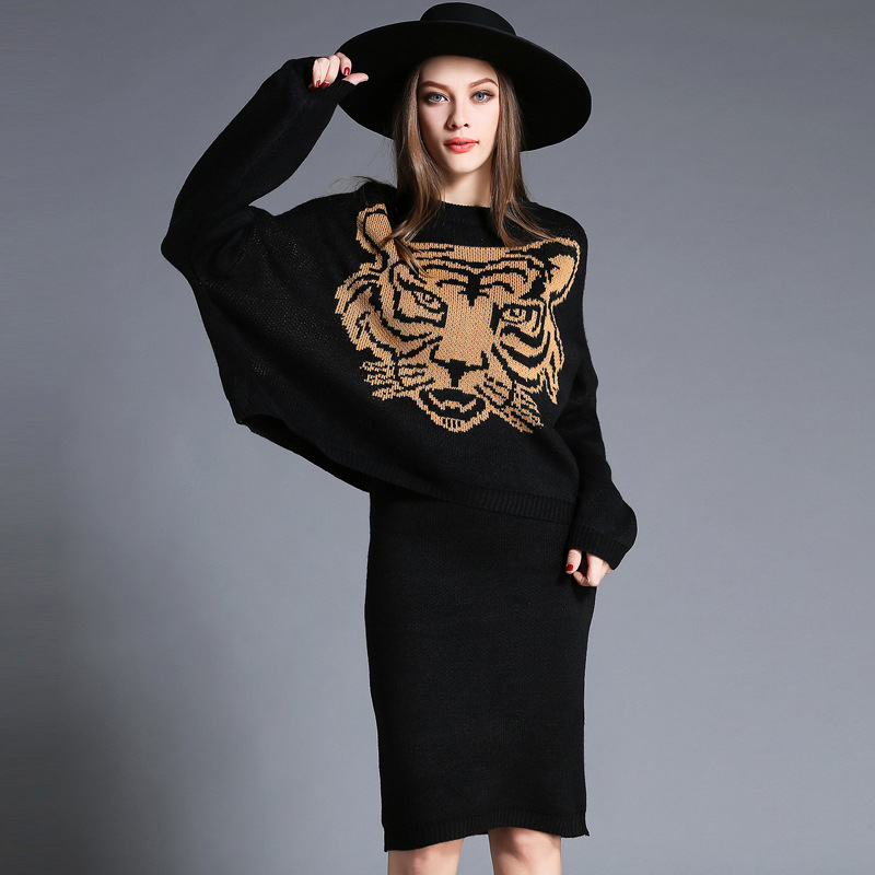 Autumn Winter 2016 Knit Sweater Two Piece Sets Women Fashion Casual Dress,long Sleeves Dress,black Dress