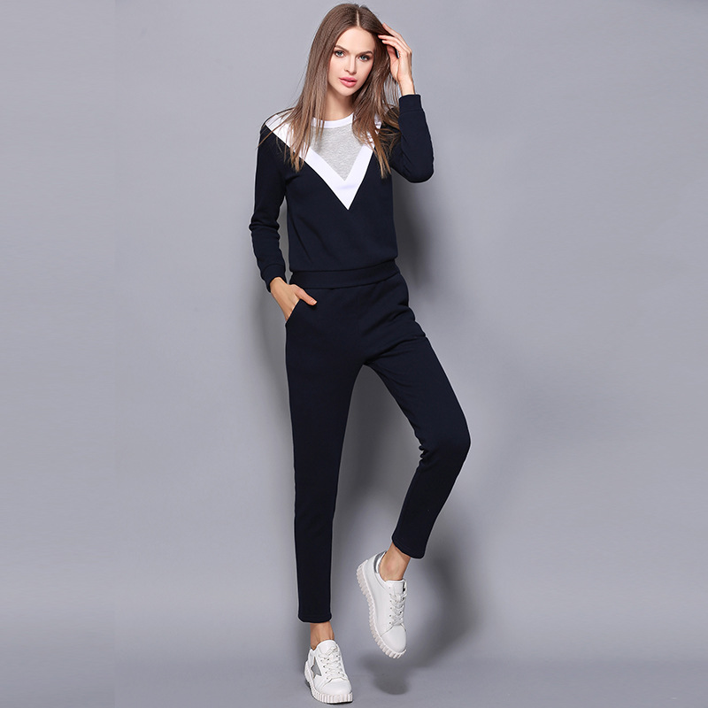 2016 Fashion Sport Stitching Winter Sweater Trousers Two Piece Sets Women Suits,casual Women Suits, Sport Women Suit