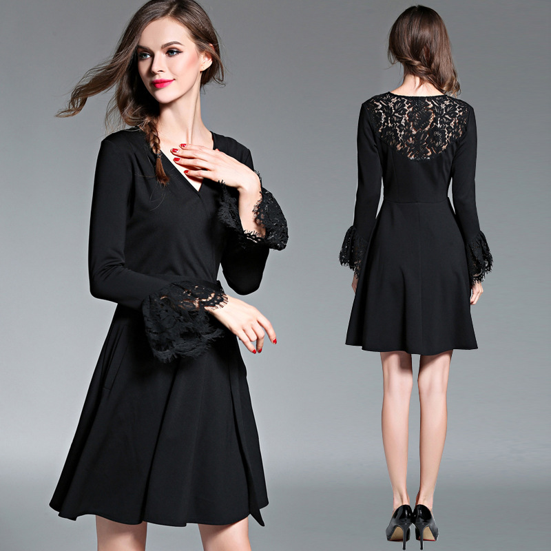 Europe Luxury Fashion Women's Lace V-neck Long Sleeves Black Casual ...